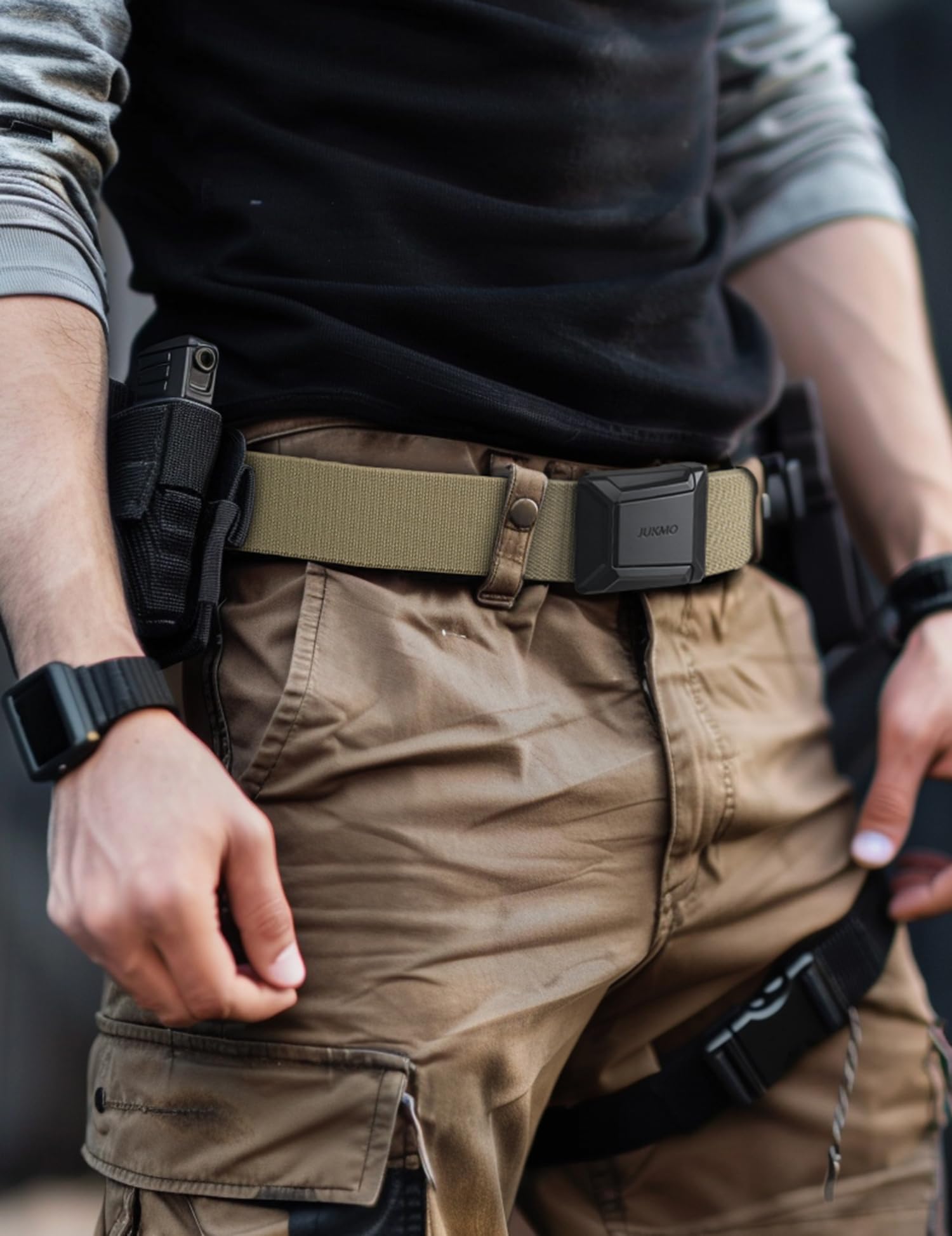 JUKMO Men's Stretch Tactical Belt, 1.5" Elastic Nylon Web with Flip Buckle | Quick Release Belt for Military Work Rigger Hiking