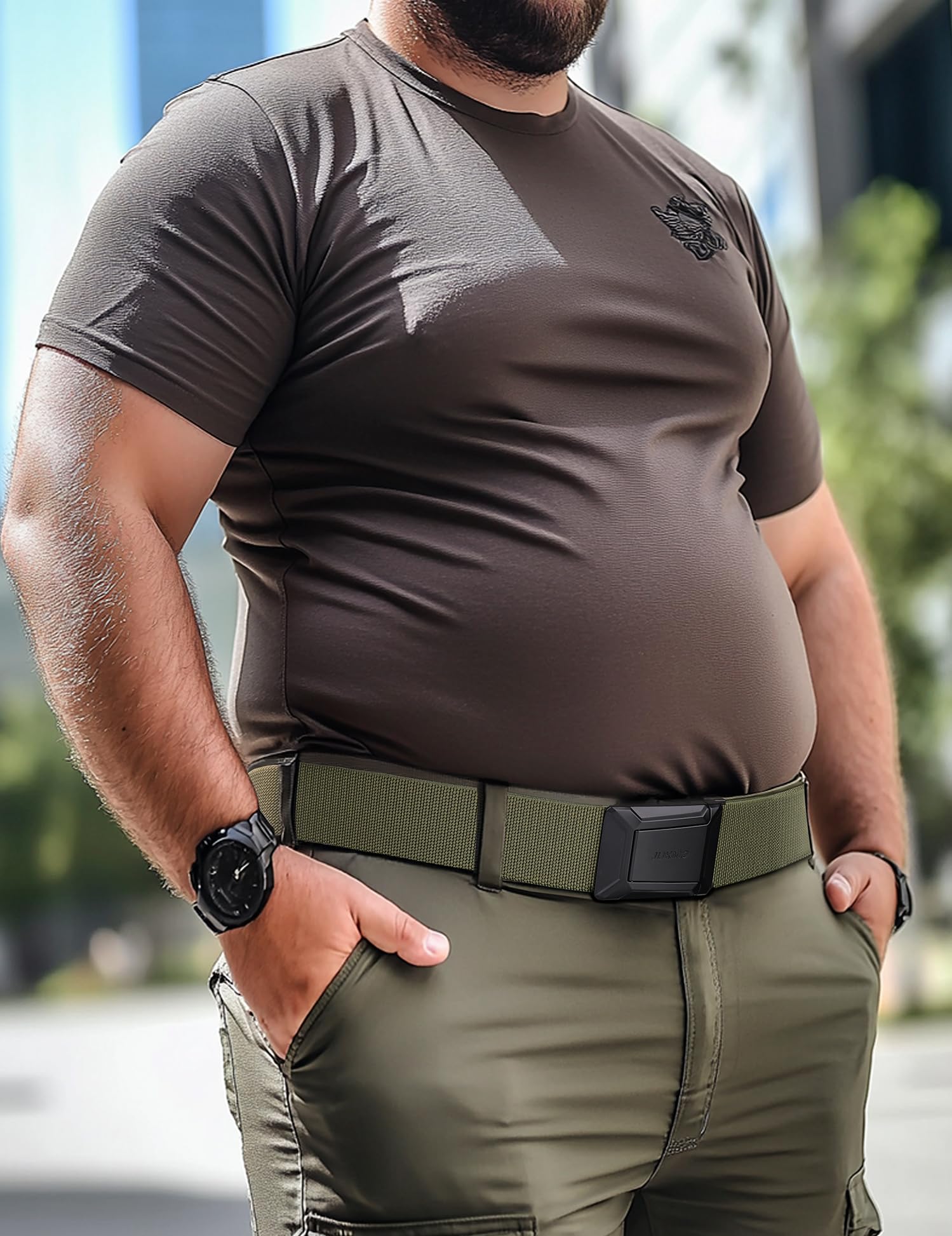 JUKMO Men's Stretch Tactical Belt, 1.5" Elastic Nylon Web with Flip Buckle | Quick Release Belt for Military Work Rigger Hiking