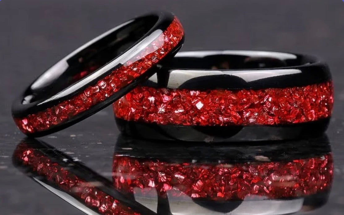 Garnet Ring Tungsten Ring Artificial Red Synthetic Gemstone Inlay Men's Wedding Band Gift Him 8mm Lab Created Garnet