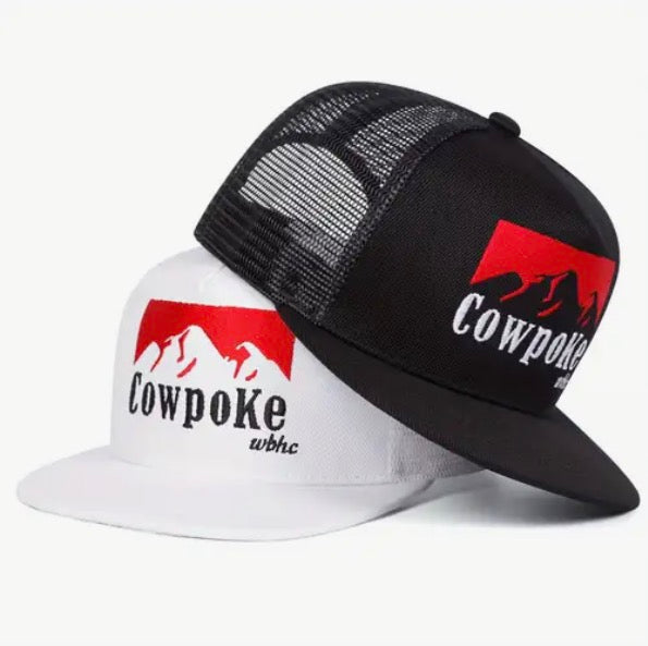1pc Men's Embroidered COWPOKE Letter & Mountain Design Adjustable Mesh Hip Hop Hat - Lightweight Polyester Cap for Outdoor Travel, Beach, Spring/Fall Casual Wear
