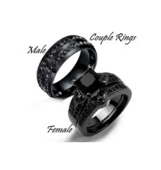 Gorgeous Black Full Zircon Couple Ring Fashion Men's Stainless Steel Ring Elegant Women's Heart-shaped 2pcs Wedding Jewelry Gift